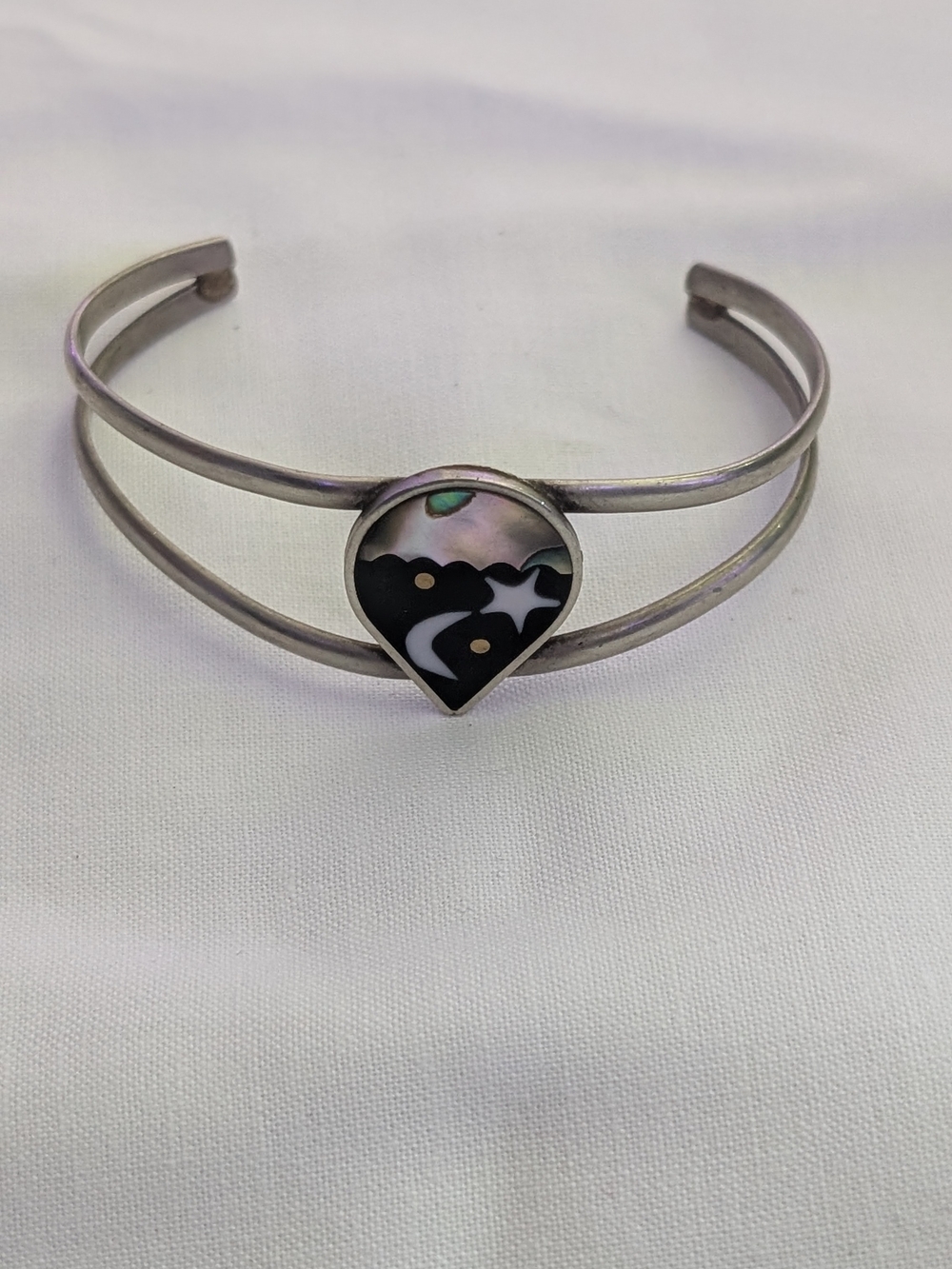 Vintage Mexico Alpaca Silver Cuff Bracelet with enamel and abalone